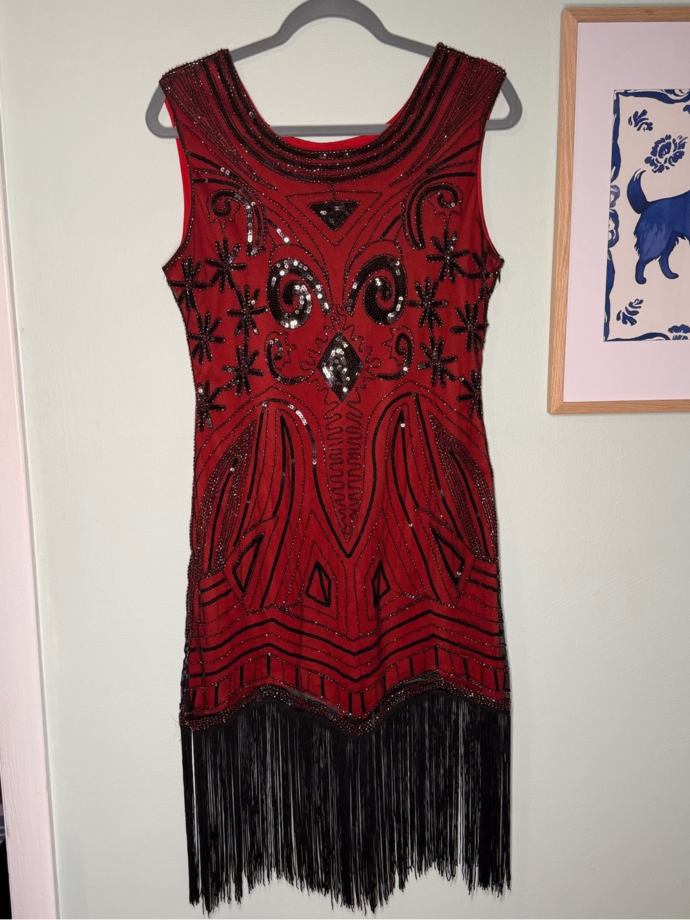 Red Beaded Fringe Sleeveless Flapper Dress